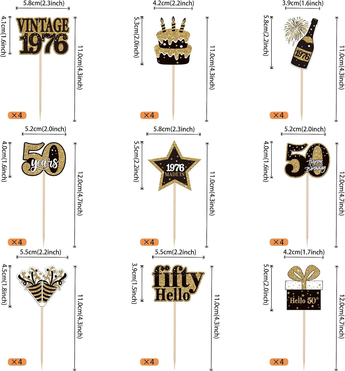 36PCS Happy 80th Birthday Cupcake Toppers Double Sided Black Gold - Vintage / 50th - image 2