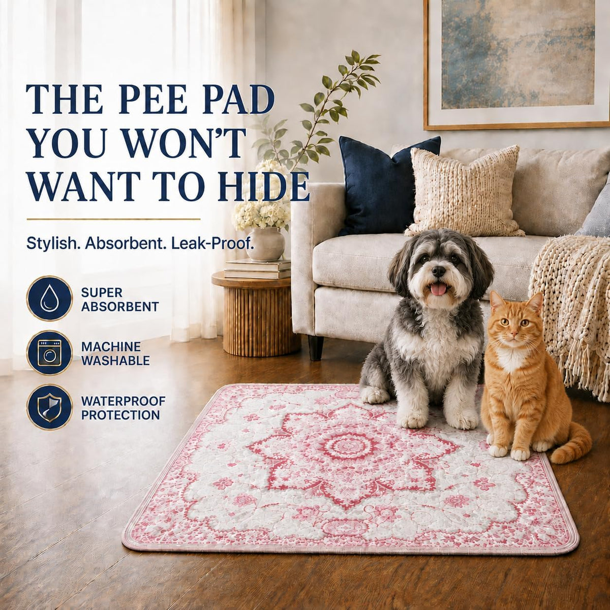 PUPIBOO Washable Pee Pads for Dogs and Cats - Pink Medallion / 36 x 36 Inch (Pack of 2) - image 2