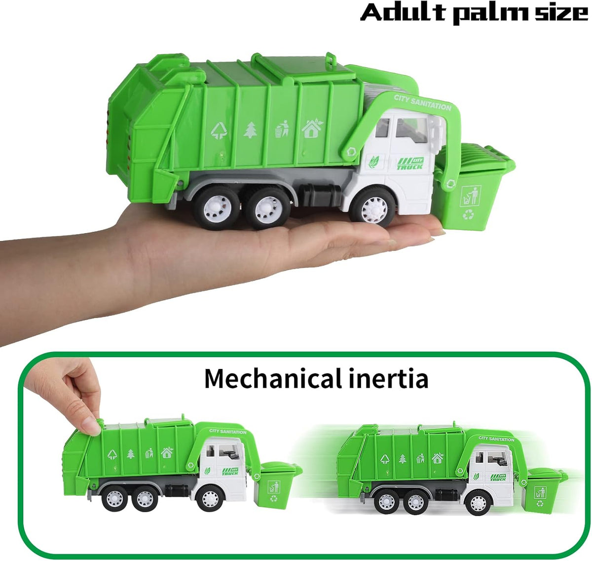Y.L. DOYMX green garbage truck toy playset with four trucks, sorting bins, cards and play mat - view 7