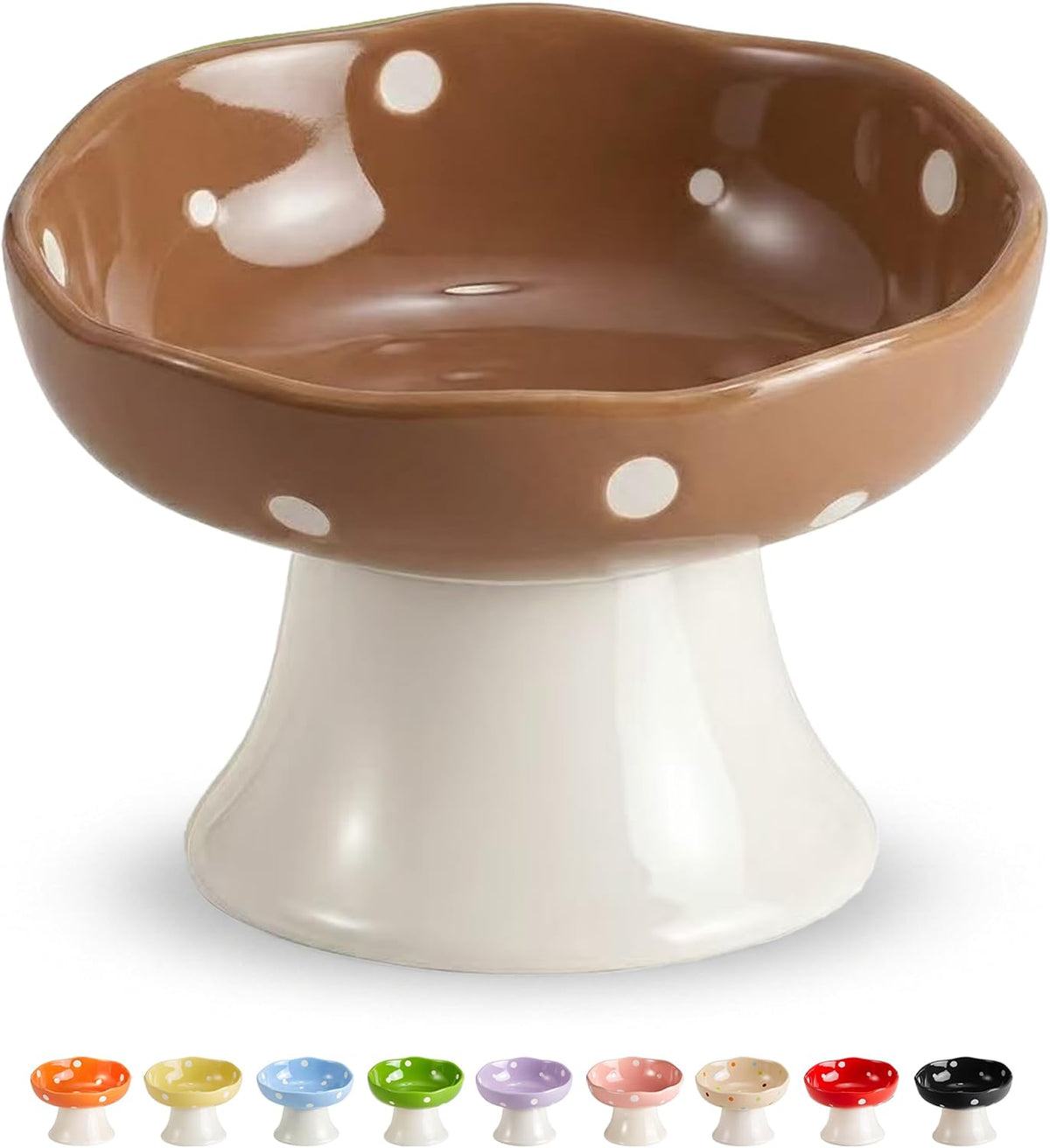 Red Mushroom Cat Bowl, Elevated Ceramic Bowl for Cats – Essentials for Cats - Brown