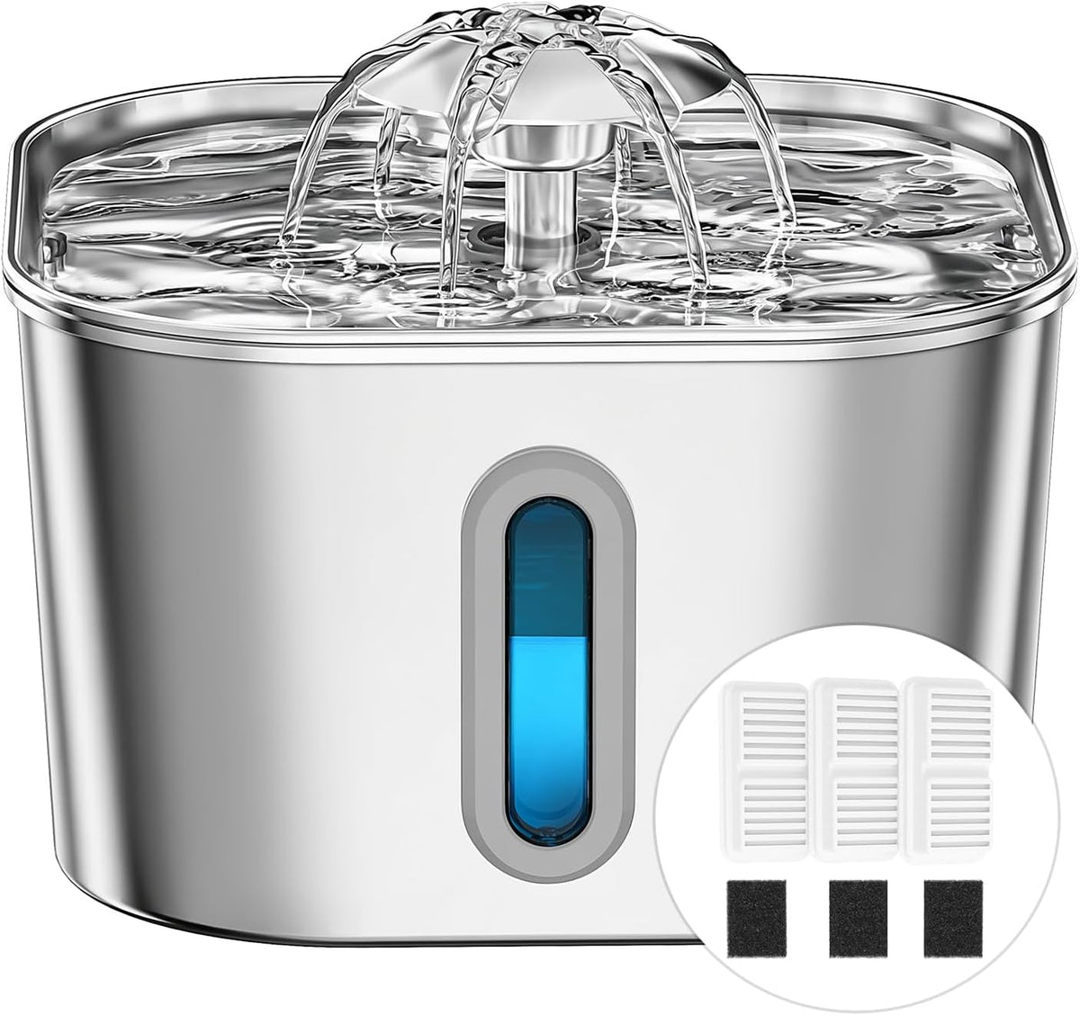 Cat Water Fountain Stainless Steel 74oz/2.2L with 3 Filters & 3 - 2.2L+3Filters+3Sponges