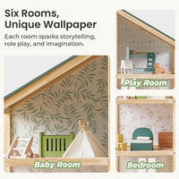 Tiny Land Wooden Dollhouse for Girls, 6 Rooms Wooden Doll House - Green - image 3