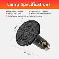 150W Reptile Heat Lamp, Pack of 2 Ceramic Heat Emitters for Reptile Geckos, Lizard, Iguana, Bearded - 60 Watts / 2pcs/Black - image 2