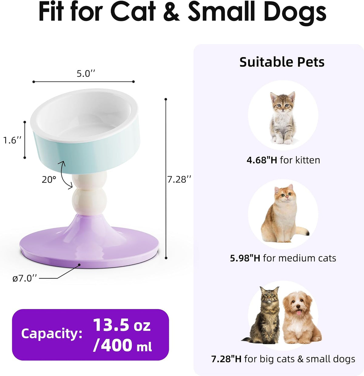 Ceramic Elevated Raised Cat Bowls, Cat Food Dish with Stand - Lavender & Mint - image 2