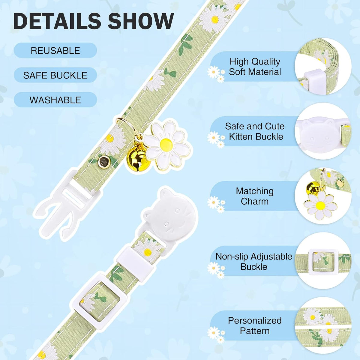 Cat Collar Breakaway, Soft Kitten Collar with Bell, Daisy - Daisy (Pack of 3) - image 3