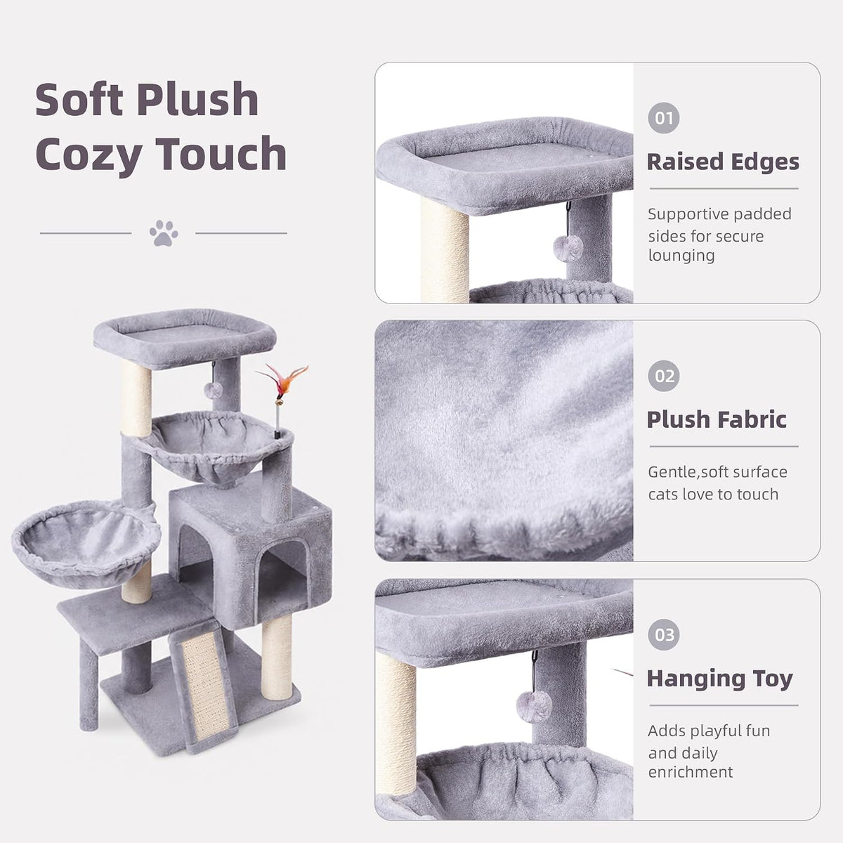 Cat Tree with Cat Condo and Hammock - Grey / 37" - image 3