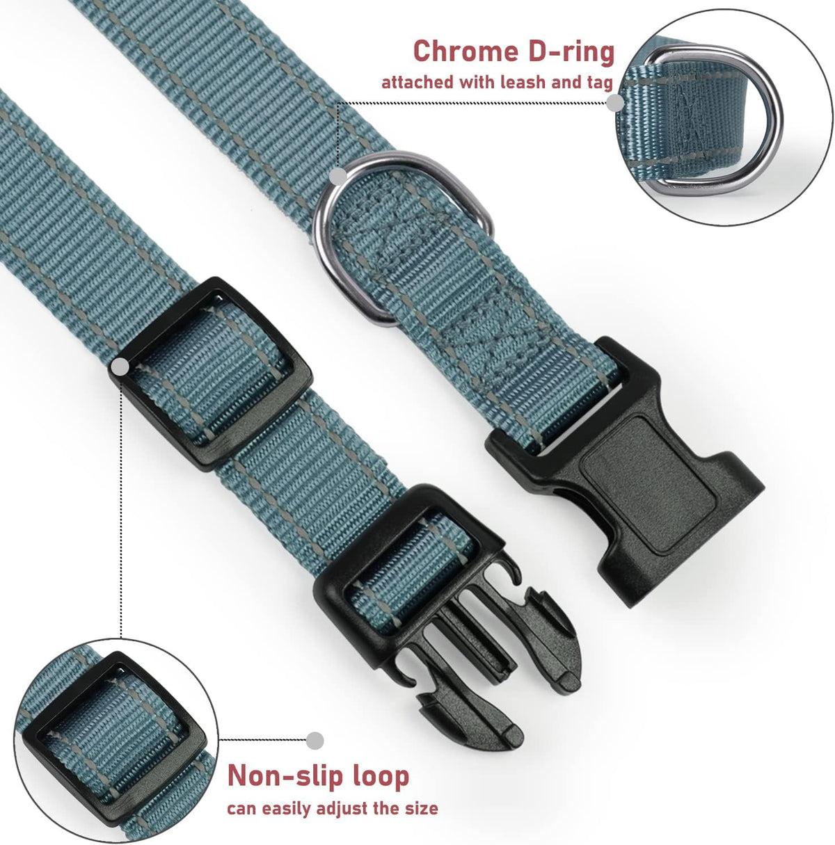 Reflective Dog Collar, Puppy Collar with Buckle Adjustable - Grey / Large :Width 1",Neck 14-22" - image 3