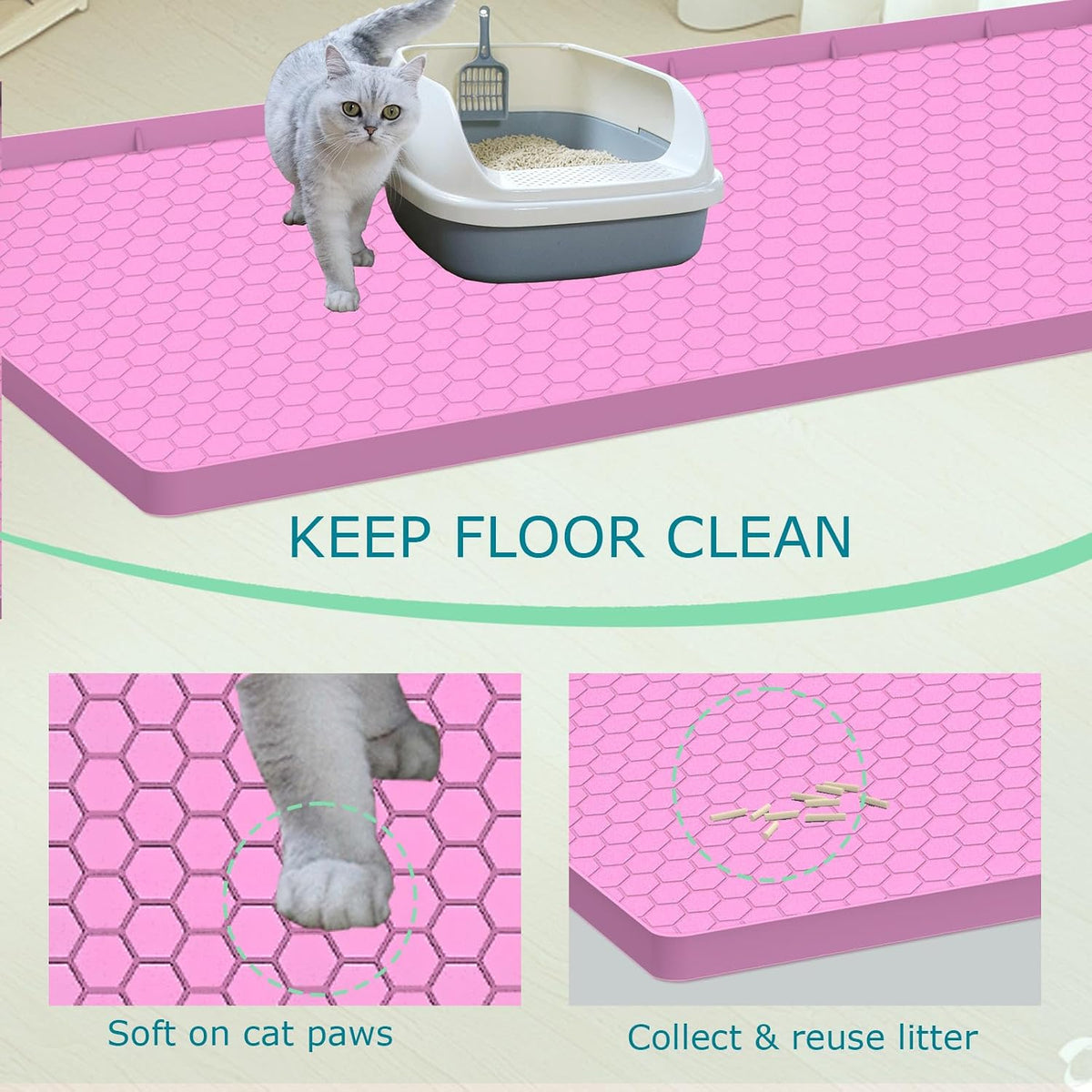 Cat Litter Mat, Silicone Large Cat Mat for Litter Box - 28"L x19"W / Pink - image 2