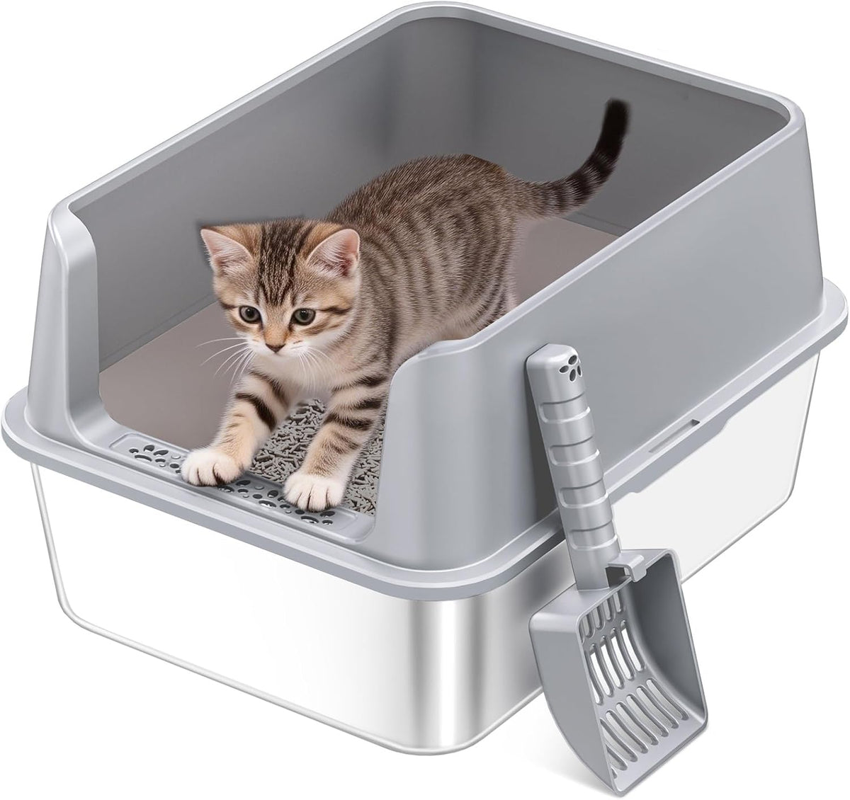 2PACK Stainless Steel Cat Litter Box with High Sides Lid - Light Grey-M
