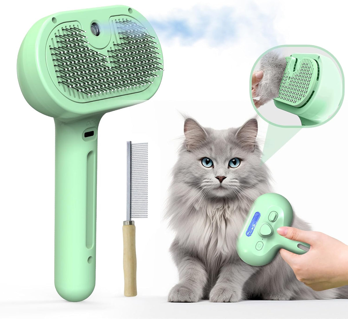 Pet Grooming Brush with Electronic Mist Spray - Green - image 2
