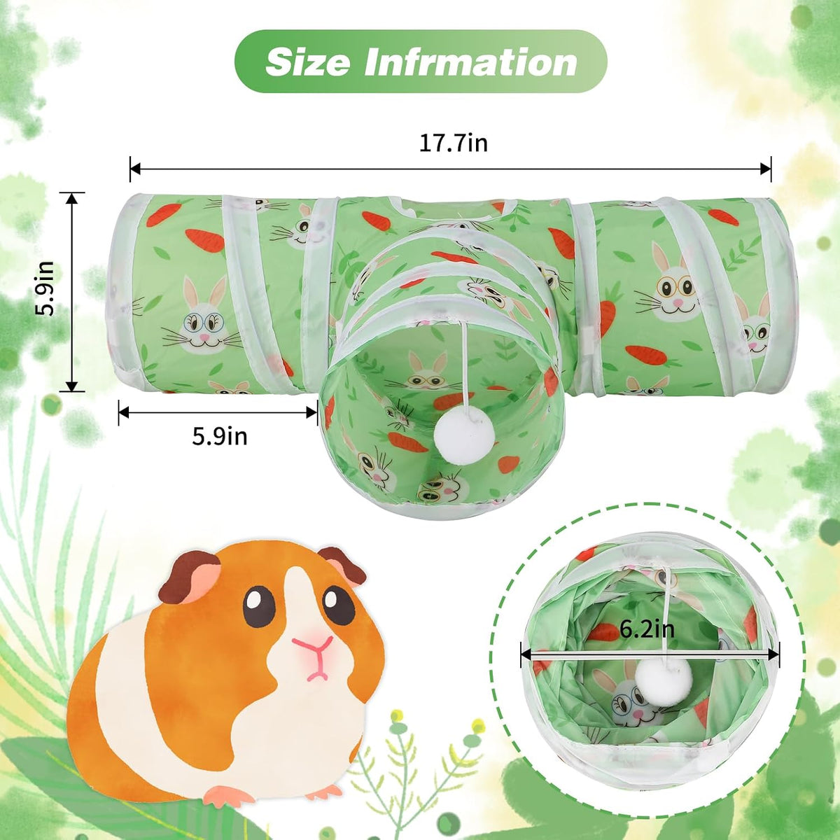Guinea Pig Tunnel Hideout 3-Way Collapsible Small Pet Tubes - Green - image 2