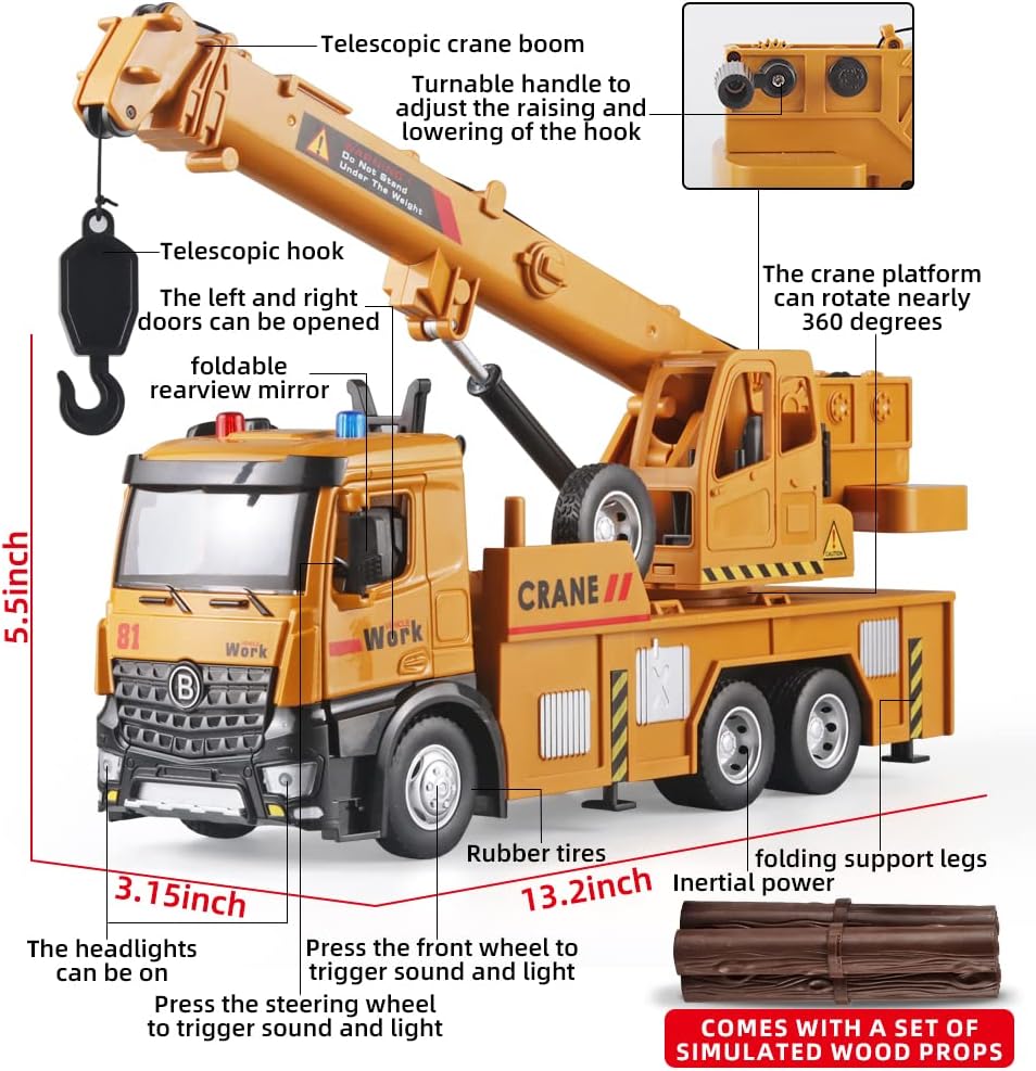 OANMYJJO diecast toy crane truck with extended boom and telescoping hook - view 15