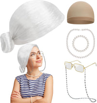 Huskein Old Lady Costume, Old Lady Cosplay Silver Bun Wig Glasses Wig Cap Pearl Necklace Bracelet - White-bun