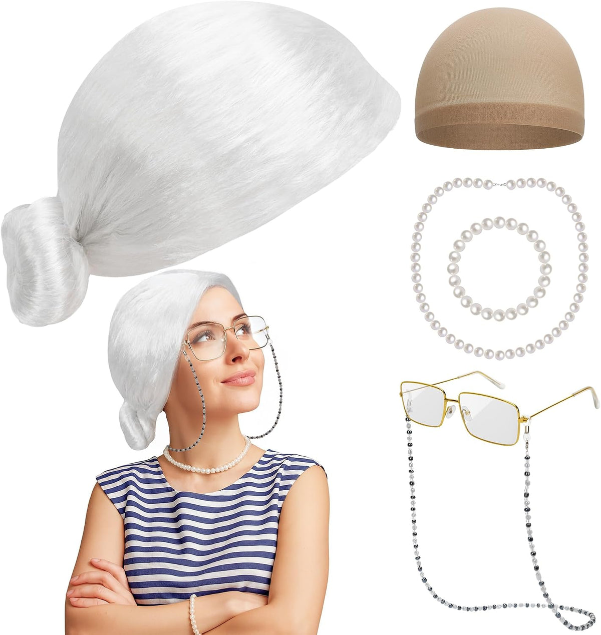 Huskein Old Lady Costume, Old Lady Cosplay Silver Bun Wig Glasses Wig Cap Pearl Necklace Bracelet - White-bun
