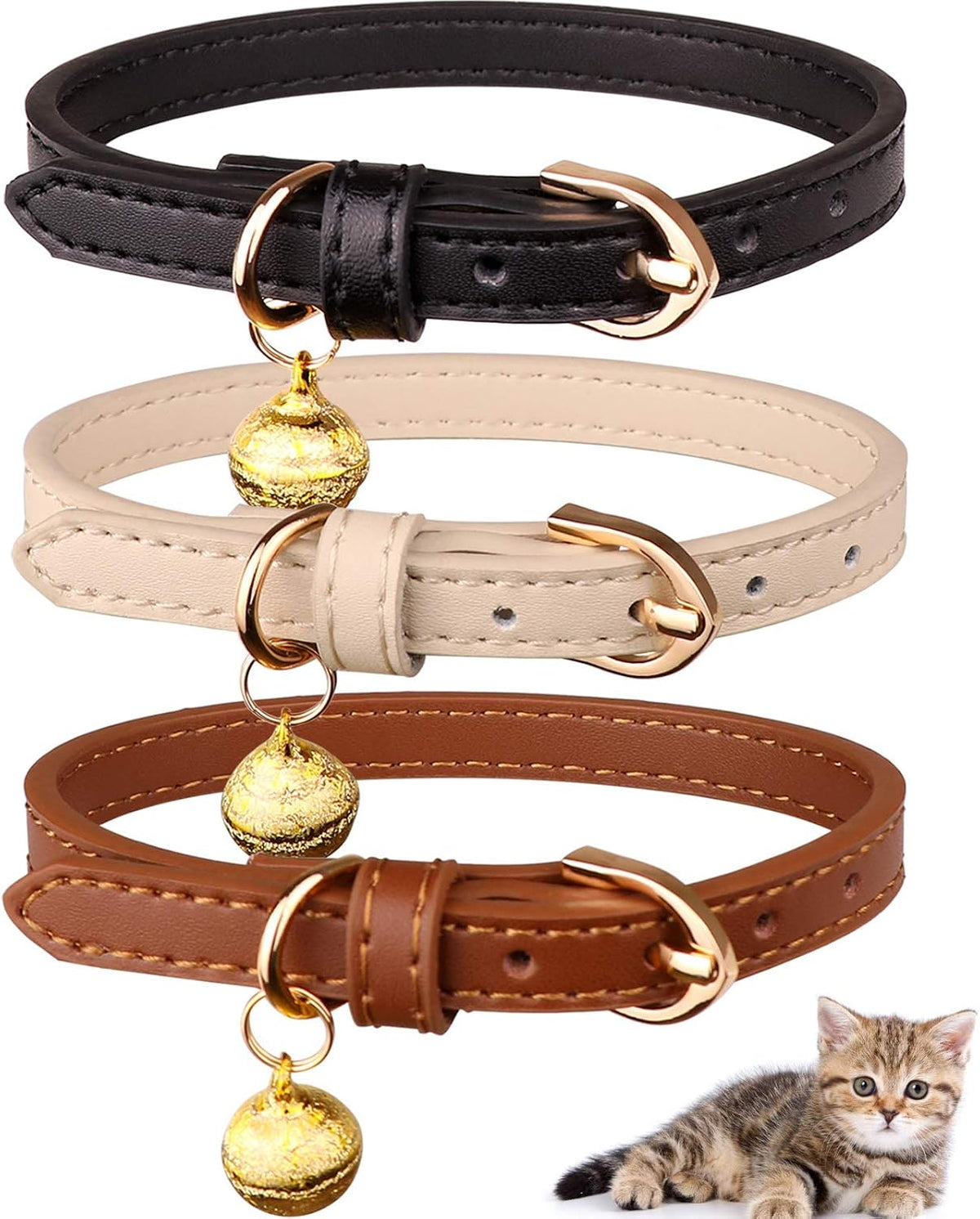 3 Pack Leather Cat Collars with Bells Soft Pet Safety Collar Kitten - S: 8.6"-10.6" / Black+Chocolate+Beige