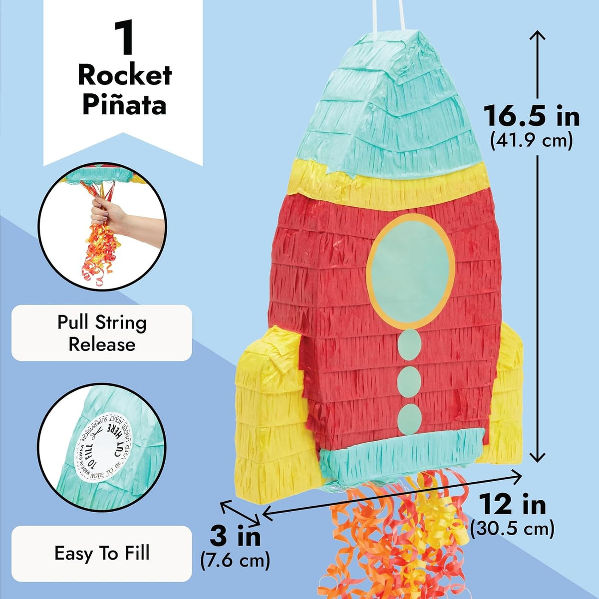 BLUE PANDA Rocket Ship Pull String Pinata for Space Birthday - image 3