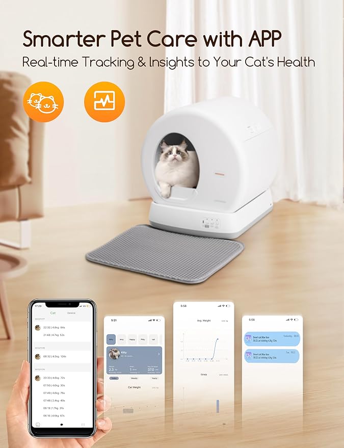 MeoWant Self-Cleaning Cat Litter Box, Integrated Safety Protection Automatic Cat Litter Box for Multi Cats, Extra Large/Odor Removal/APP Control Smart Cat Litter Box with Mat & Liner