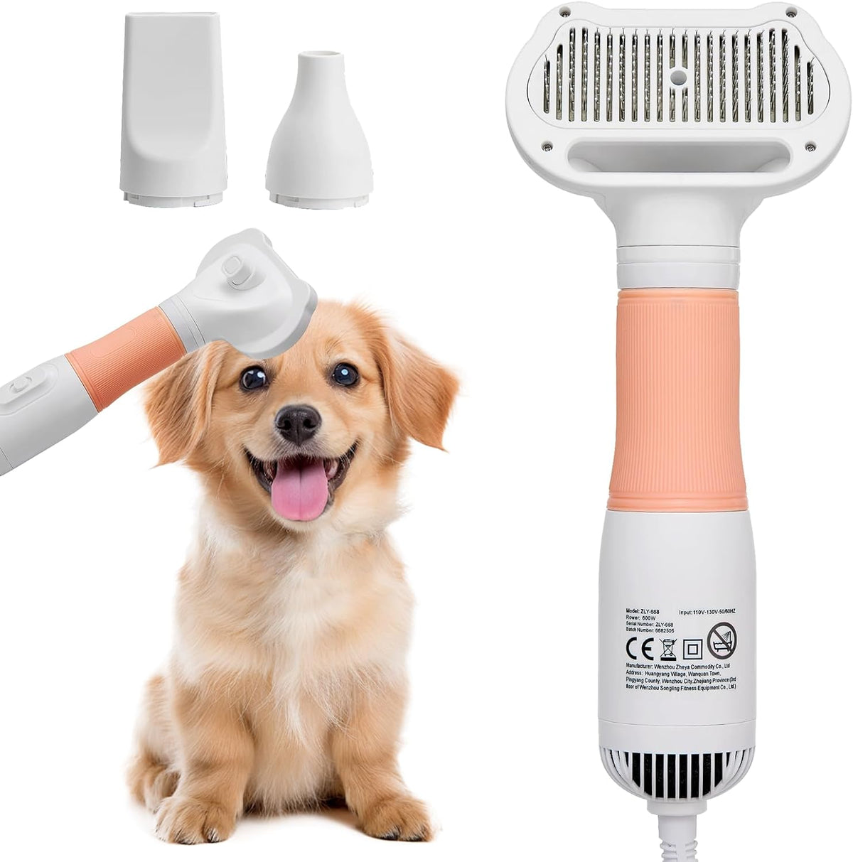 3-in-1 Pet Hair Dryer & Slicker Brush for Dogs & Cats, Portable - pink