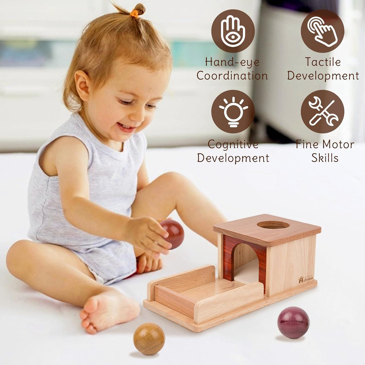 Adena Montessori Object Permanence Box with Tray Three Balls - Natural Wood - image 3