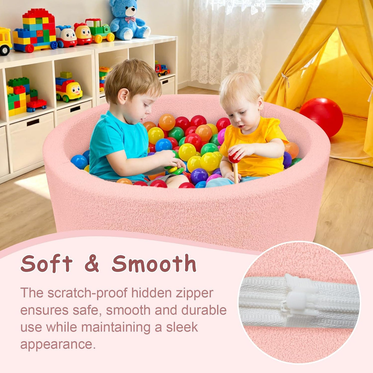 MEOGETY beige teddy fleece foam ball pit for toddlers with soft round walls - view 31