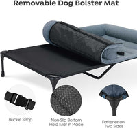 Veehoo Cooling Elevated Dog Bed with Fluffy Plush Bolster Cushion, Indoor Raised Dog Beds for Large Dogs, Soft Pet Sofa Cot with Removable Washable Mat, No-Slip Feet, 49 x 33 inches, Haze Blue