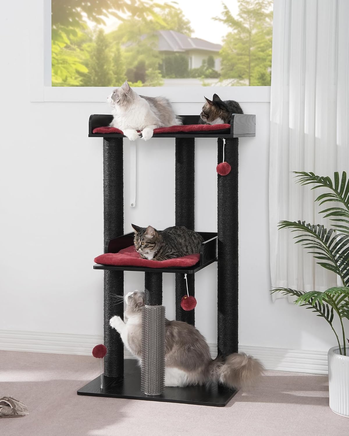 43.7" Modern Cat Tree for Large Cats, Quick One‑Person Assembly – Essentials for Cats - Black/Red / 23.6"L x 23.6"W x 43.7"H - image 2