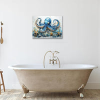 Octopus Bathroom Pictures Wall Art, Sea Animal Ocean Bathroom Wall Decor, Nautical Framed Painting Canvas Artwork for Bedroom Living Room Decorations 16"L x 12"W