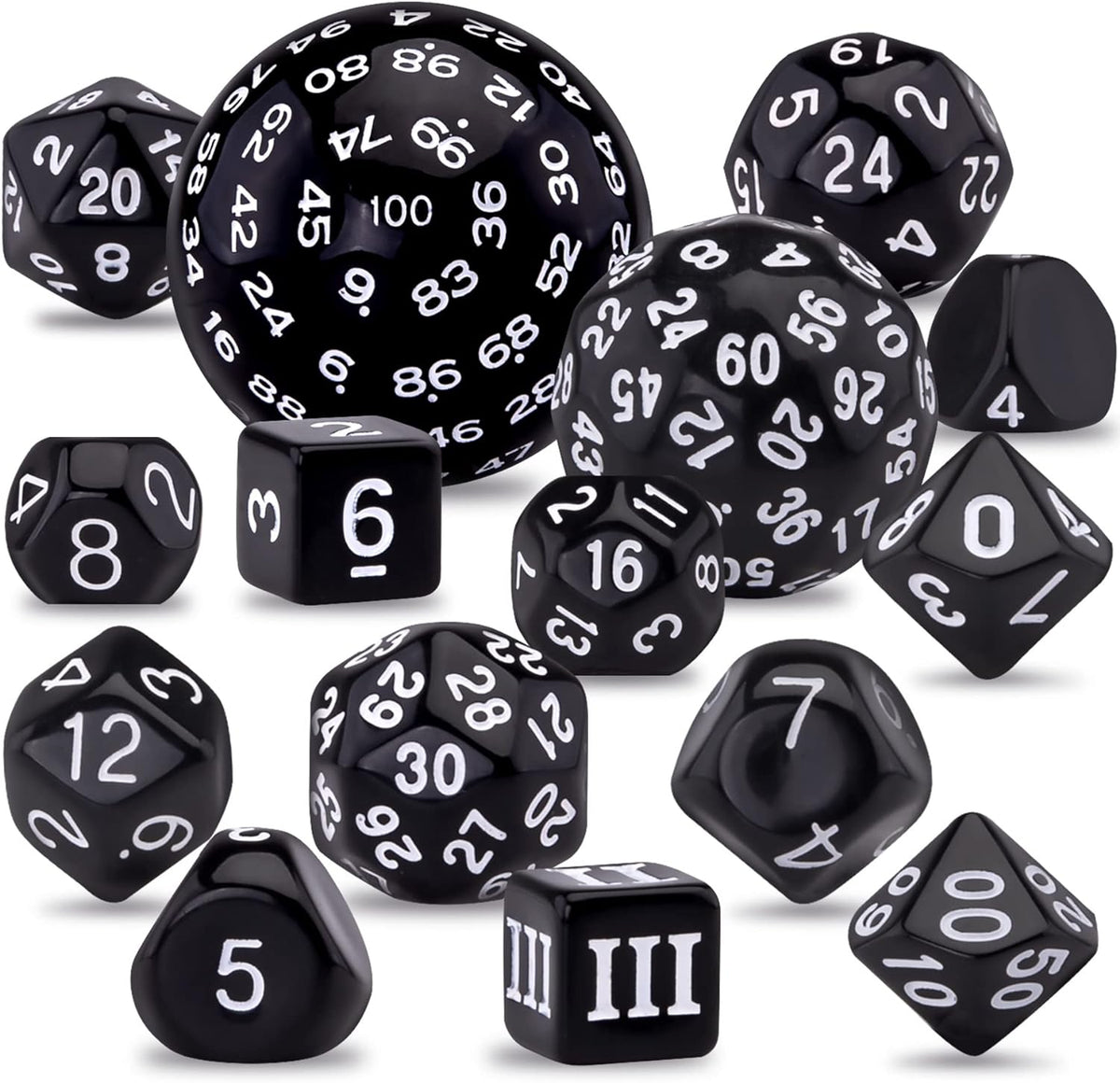 AUSTOR 15 Pieces Complete Polyhedral Dice Set D3-D100 Game Dice Set – Fun for Kids & Family - Black & White