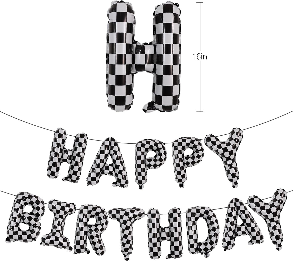 TONIFUL 16 Inch Black Happy Birthday Balloons Banner Decorations - Checkered - image 2