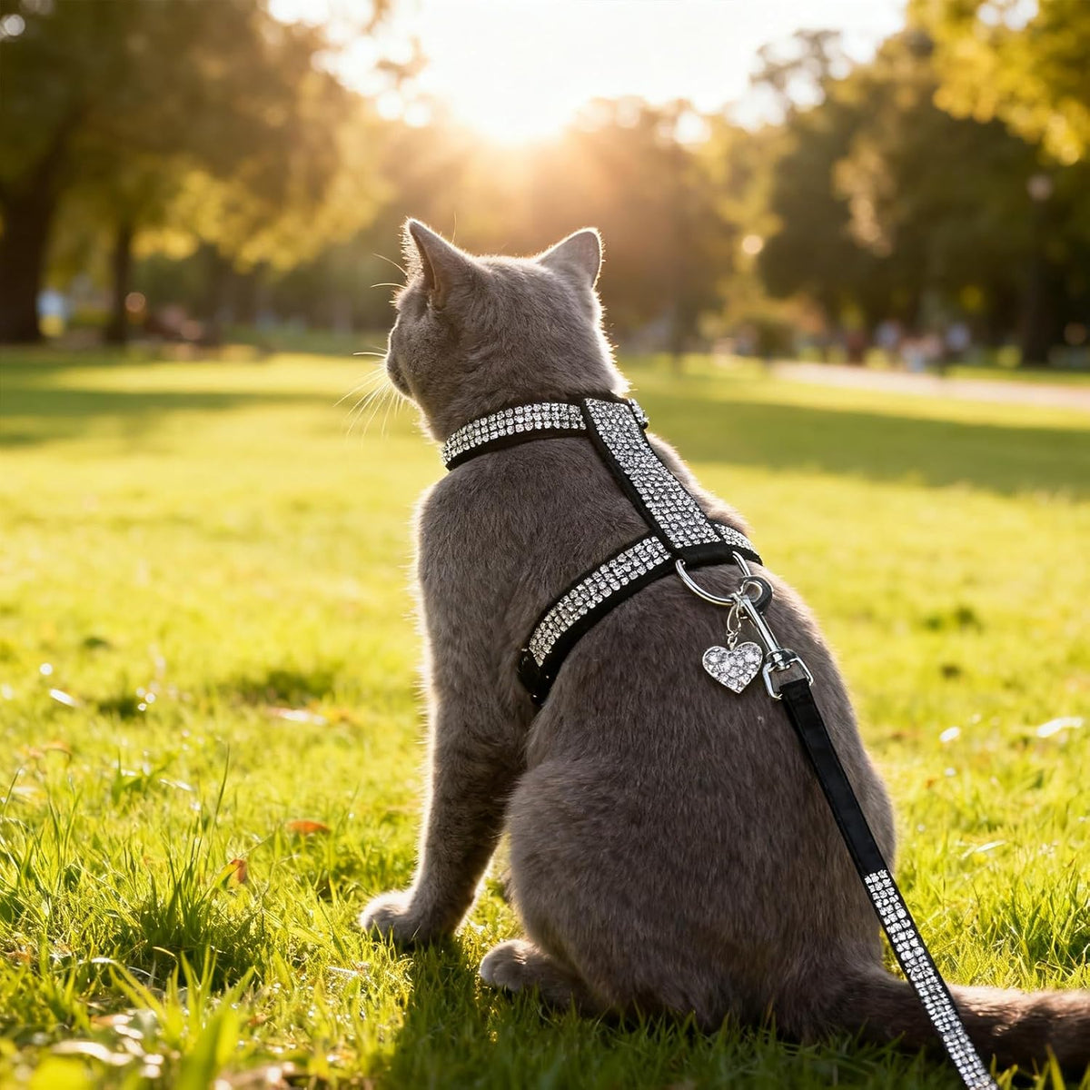 Cat Harness and Leash Set, Escape Proof Adjustable Cat Harness - Black Rhinestones / Medium - image 3