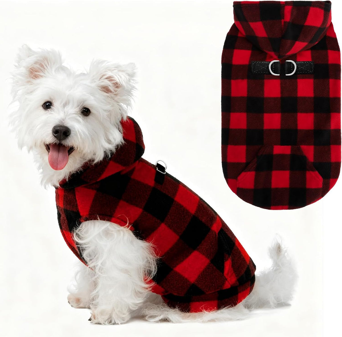 Fleece Dog Hoodie with Pouch, Green S – Essentials for Dogs - Medium / Buffalo Check