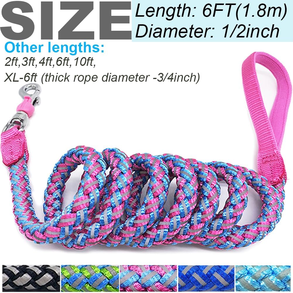 Reflective Dog Leash 2/3/4/6/10ft Braided 1/2" Strong Nylon Rope – Essentials for Dogs - 6ft * 1/2" / Pink - image 3