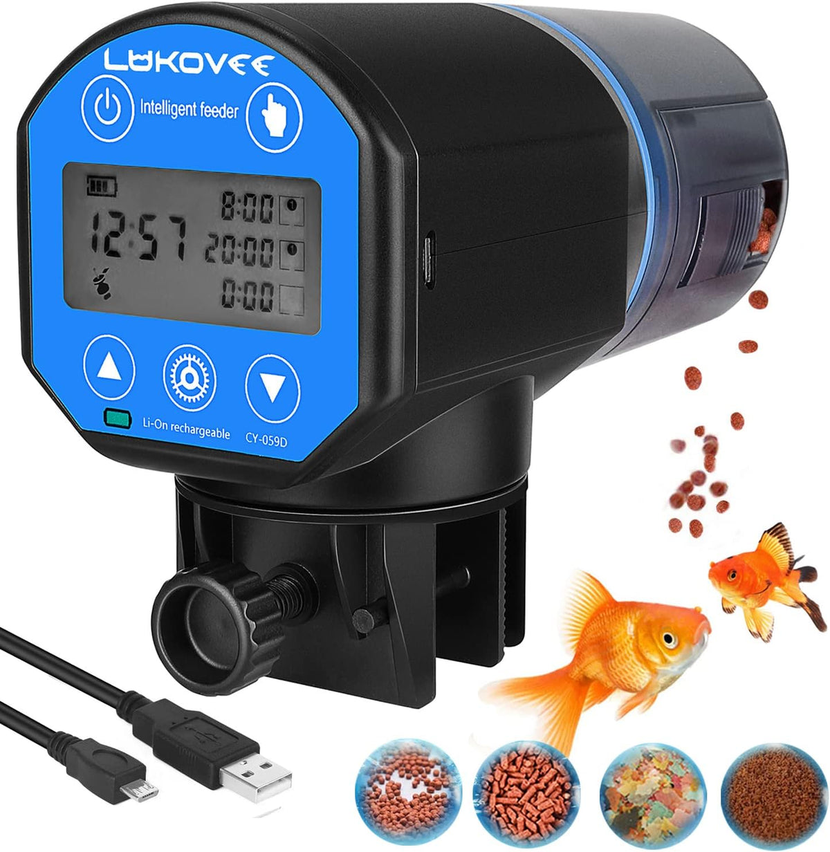 Lukovee Automatic Fish Feeder, Feeding Time Display, USB - A- Scheduled Time Display