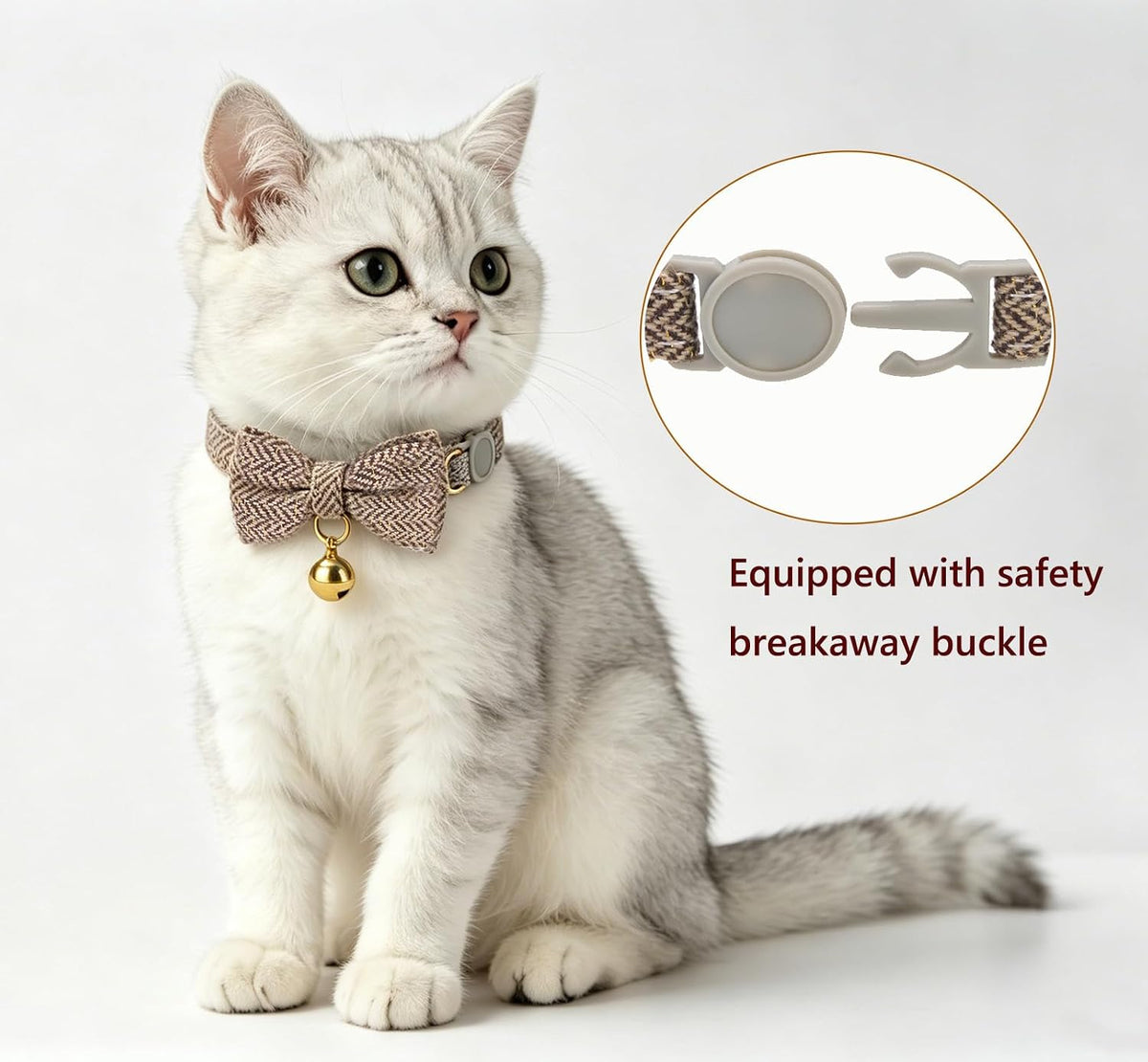 Breakaway Cat Collar with Bow Tie and Bell Adjustable Soft Corduroy - Small: Neck 7.5" - 11.0" / Tweed-Brown - image 4