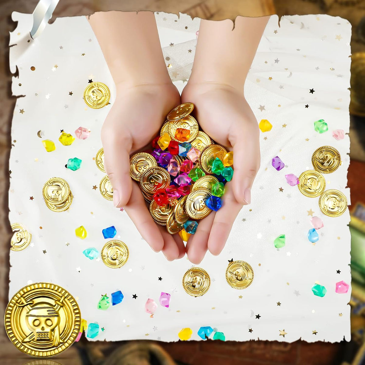Hanaive 150 Pcs Plastic Pirate Gold Coins Fake Gems Set - Gold / Retro Style - image 3