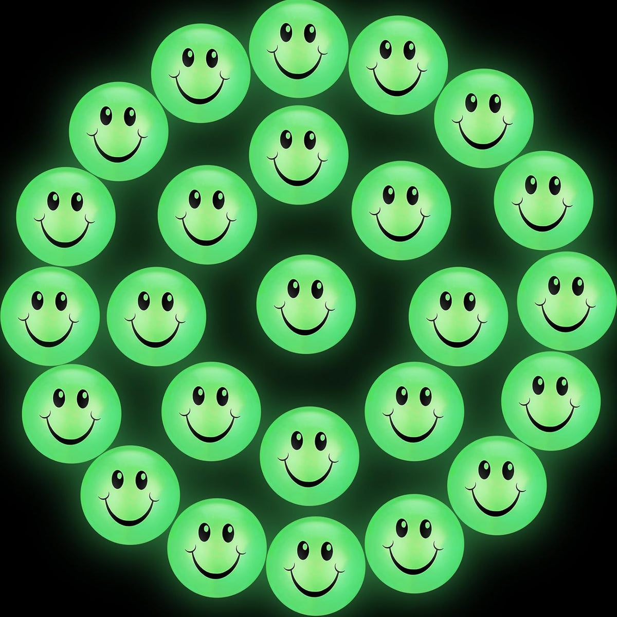 Kasyat 48 glow in the dark smile face bouncing balls in bright colors