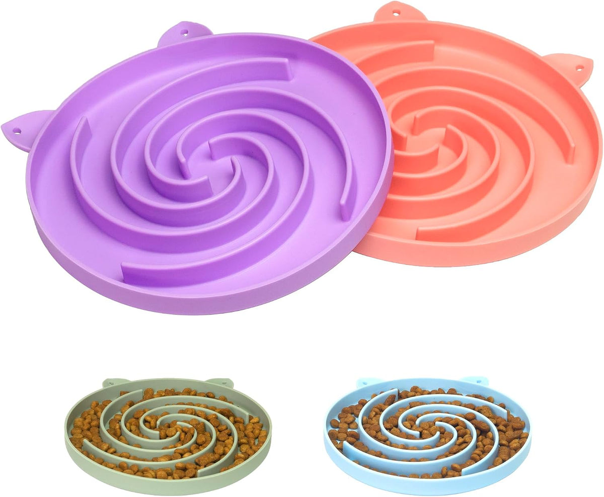 Slow Feeder Cat Bowl, Easy to Clean Silicone Bowl - Purple and Pink