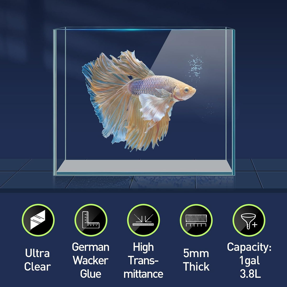 2 Gallon Glass Fish Bowl with Decor - 1 gal square - image 2