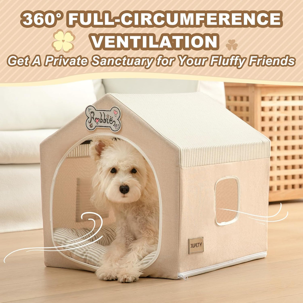 Indoor Dog House with Frame, Cute Dog Tent Bed with Cover Cave - Medium ( 17" × 17" × 17" ) / Beige - image 2