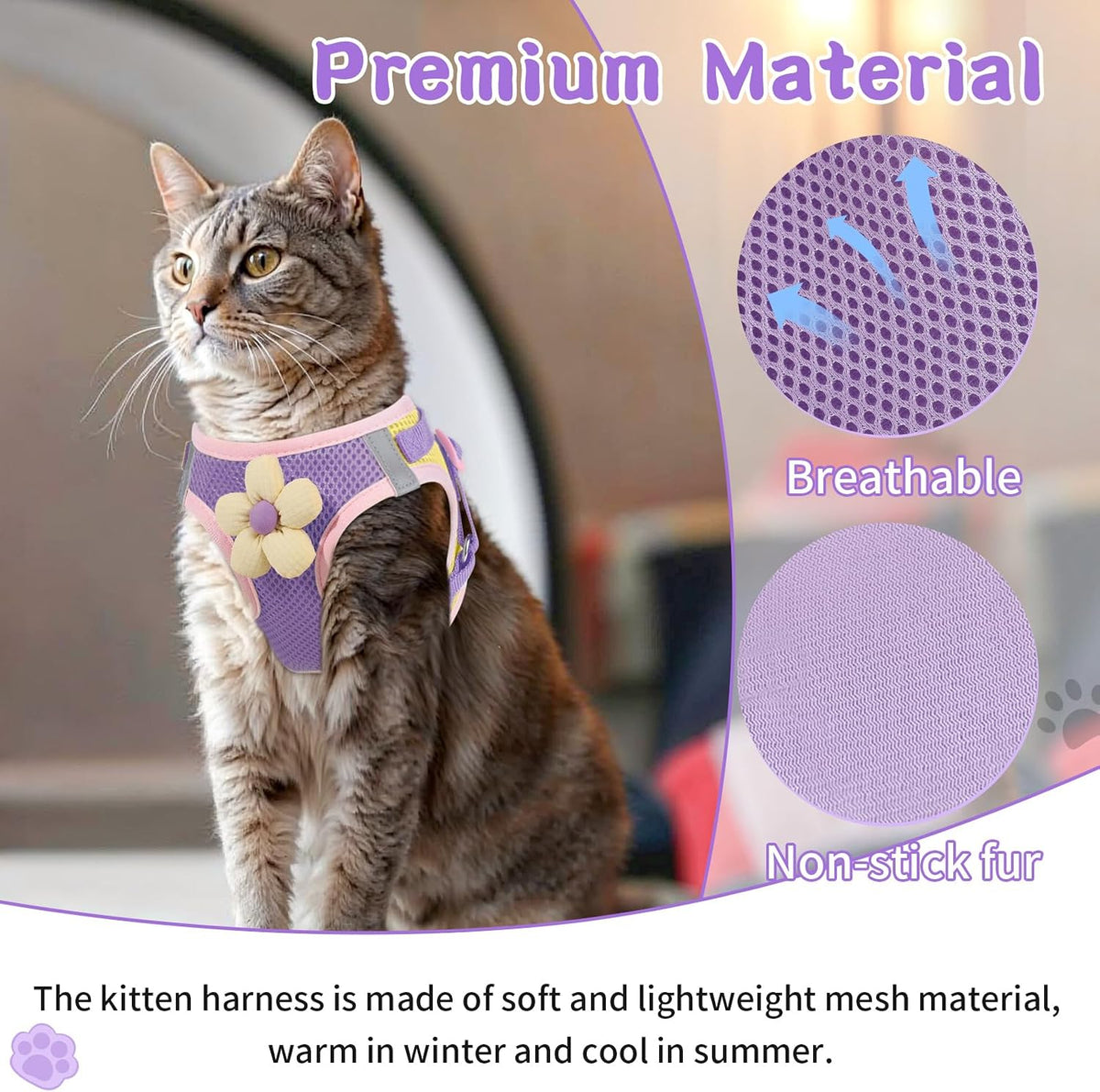 Cat Harness and Leash Set, Escape Proof Soft Vest Walk Pink XS – Essentials for Cats - Romantic Purple / Small - image 4