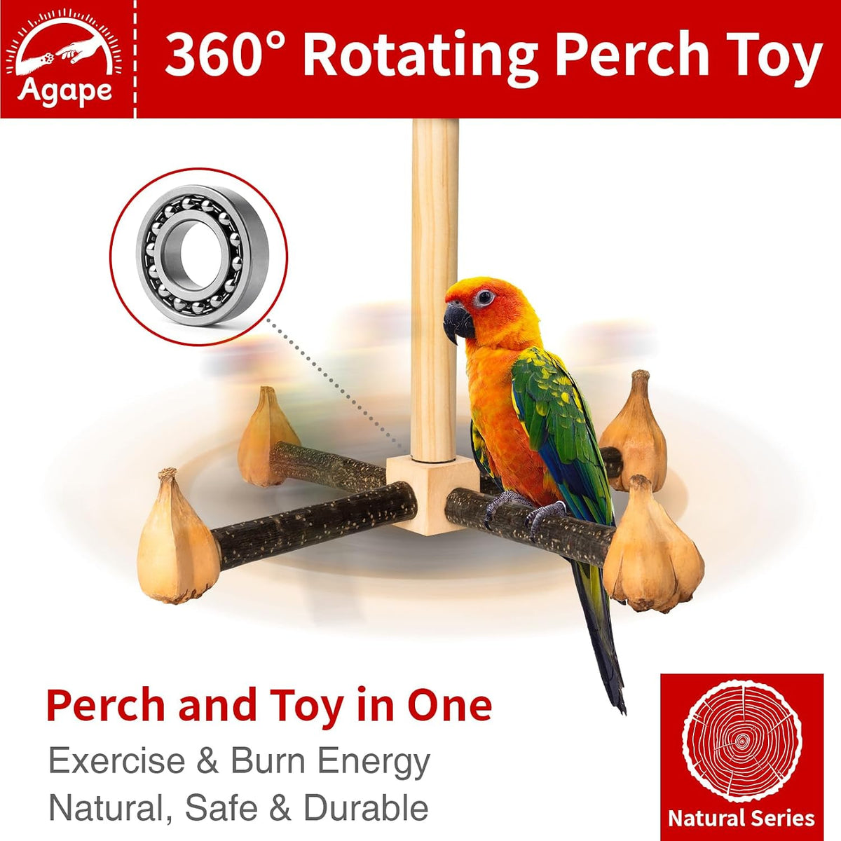 Agape Rotating Parrot Perch with Chew Toy - Seed - image 2