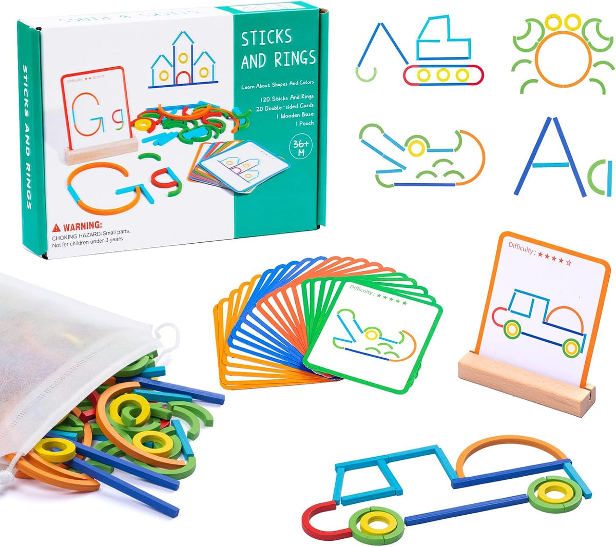 142pcs Wooden Pattern Blocks Montessori Smart Sticks Wooden Tangram