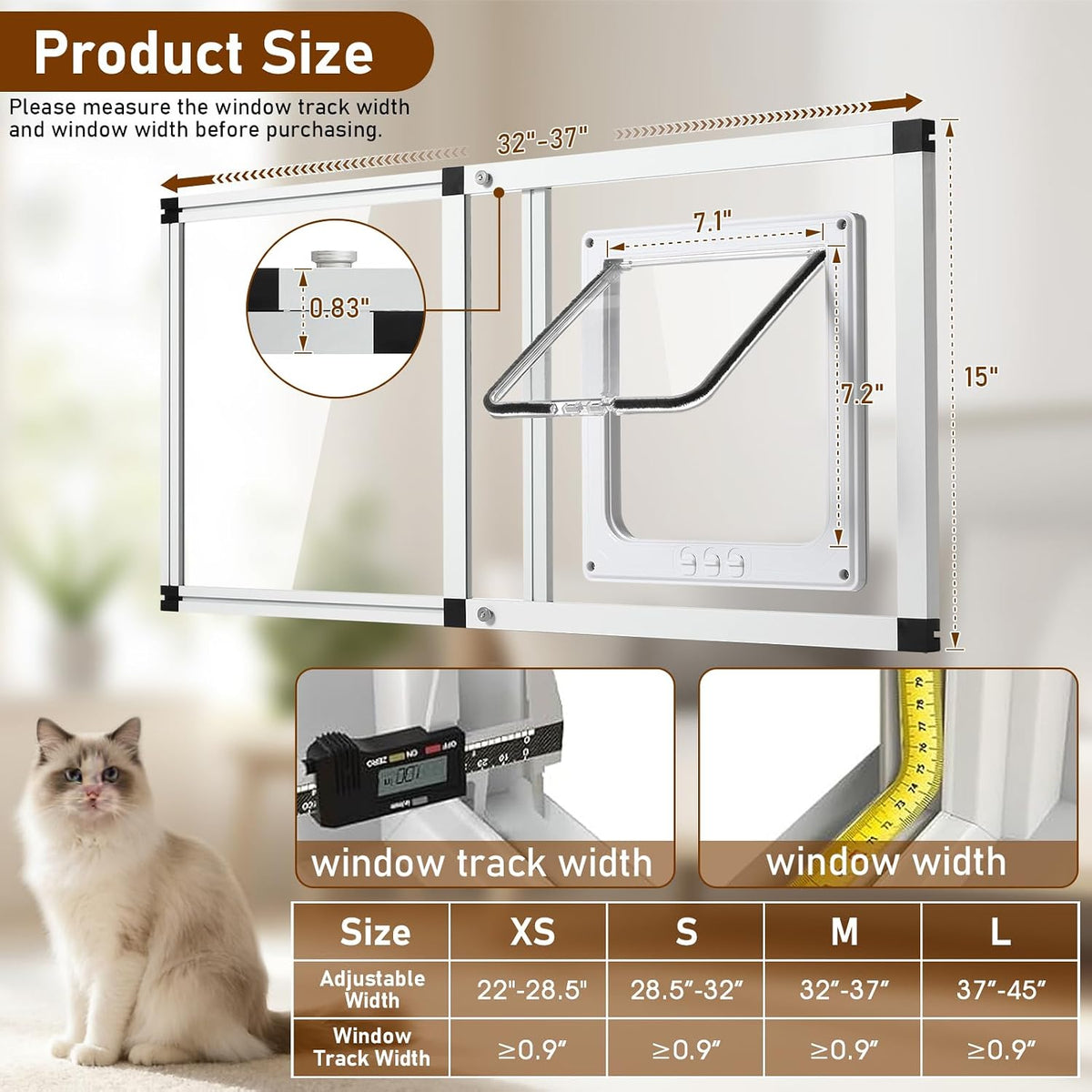Full Glass Cat Door for Window, 32"-37" Adjustable Width - Fit 32"-37" Window Width - image 3