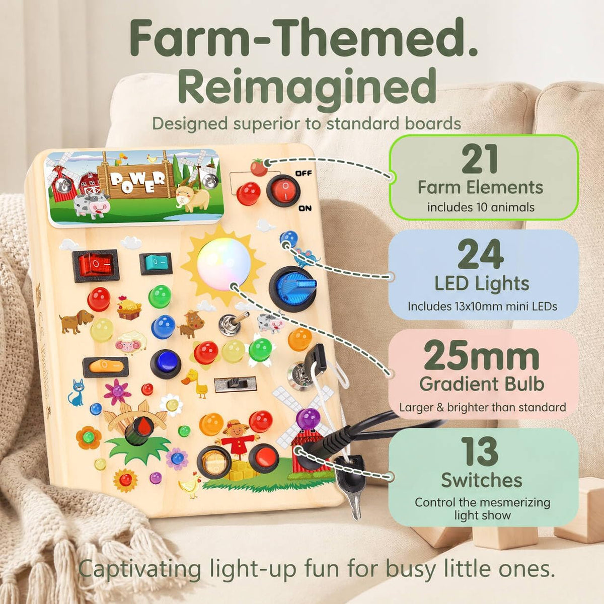 RichBoy Busy Boards, Lights Switch-Style, Wooden - Farm 6.7" x 5.3" - image 2