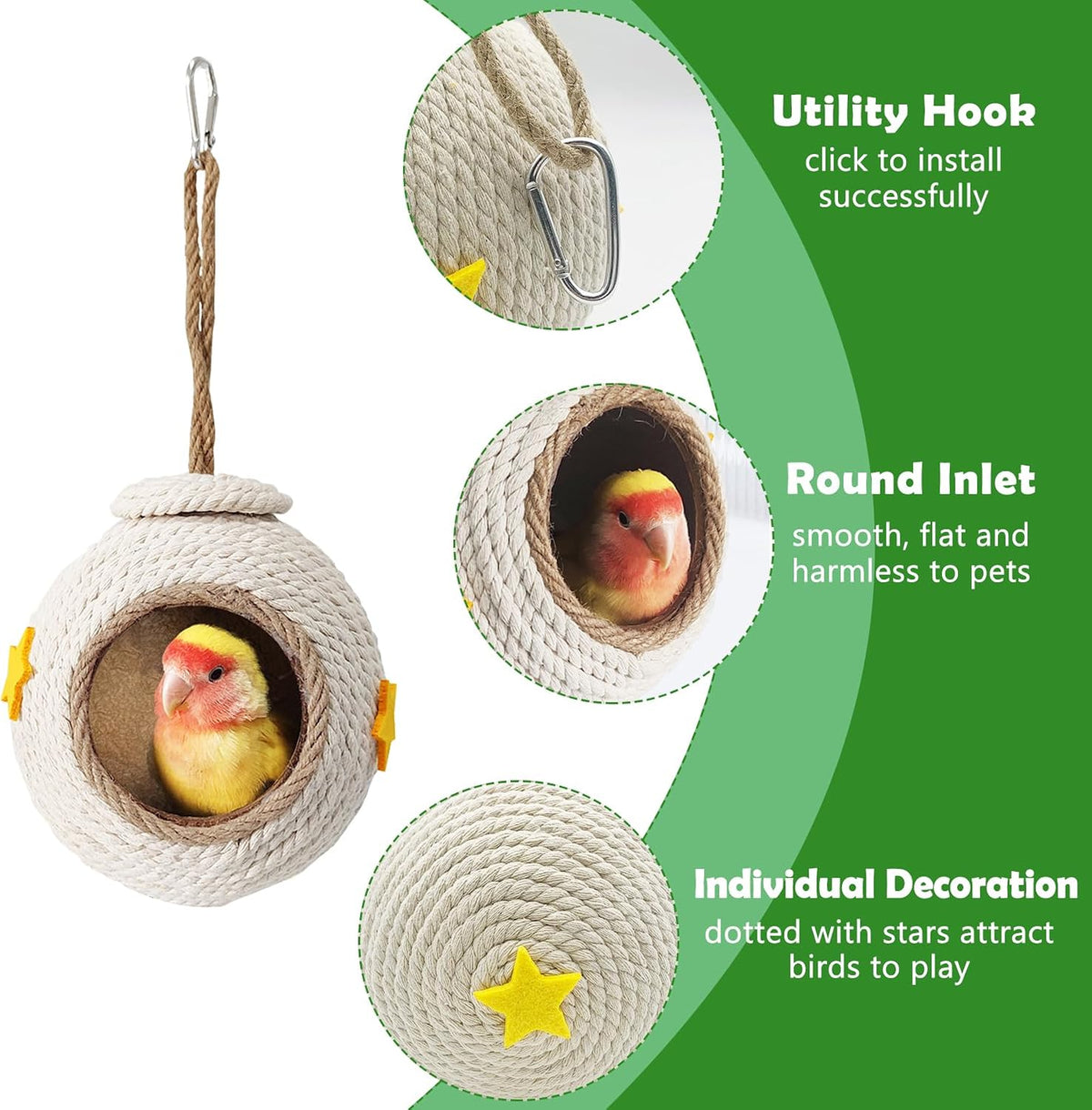 Natural Coconut Hide with Ladder Perches Hanging Bird House Toy - 1pc Coconut Shell with White Rope on the Surface - image 4