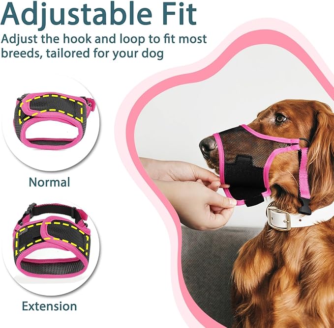 LUCKYPAW Dog Muzzle, Mesh Muzzle for Large Medium Small Dogs, Soft Mouth Guard for Biting Chewing, Breathable Mouth Guard with Adjustable Strap for Training(Hot Pink, S(Snout:7.75"-8.75"))