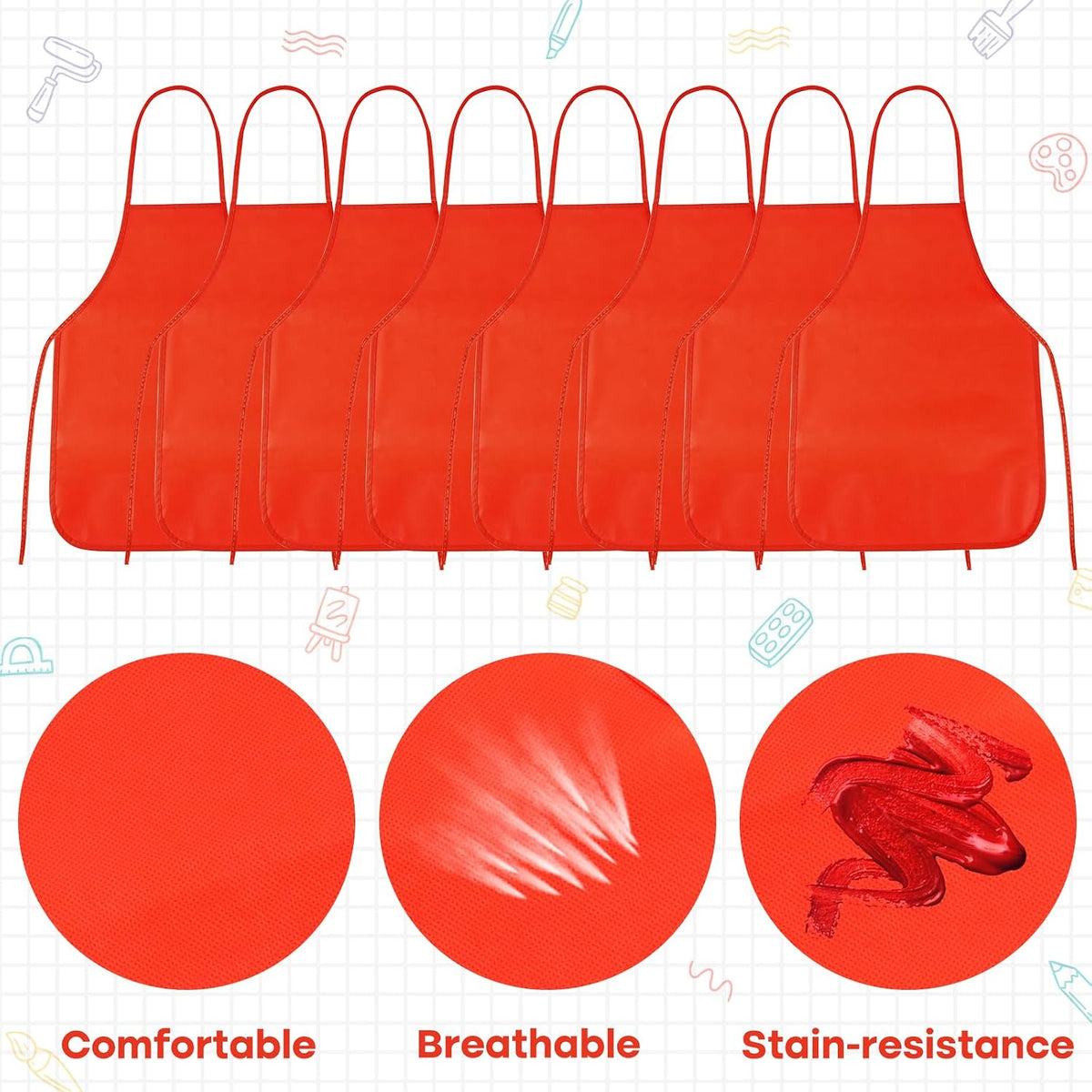 PLULON 8 Pcs Colorful Apron Kids Aprons for Painting Cooking Art Smock – Fun for Kids & Family - Red / 15 - image 3