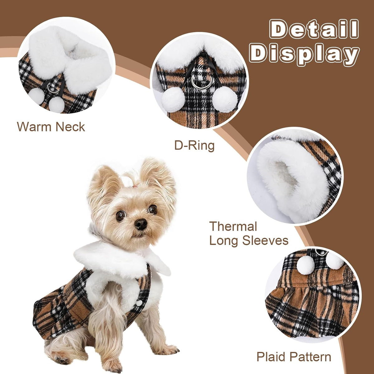 Dog Sweater with Leash Set D Ring Plaid Fleece Dog Clothes for Small - XX-Small (Chest 11in ) / Khaki with Leash - image 4