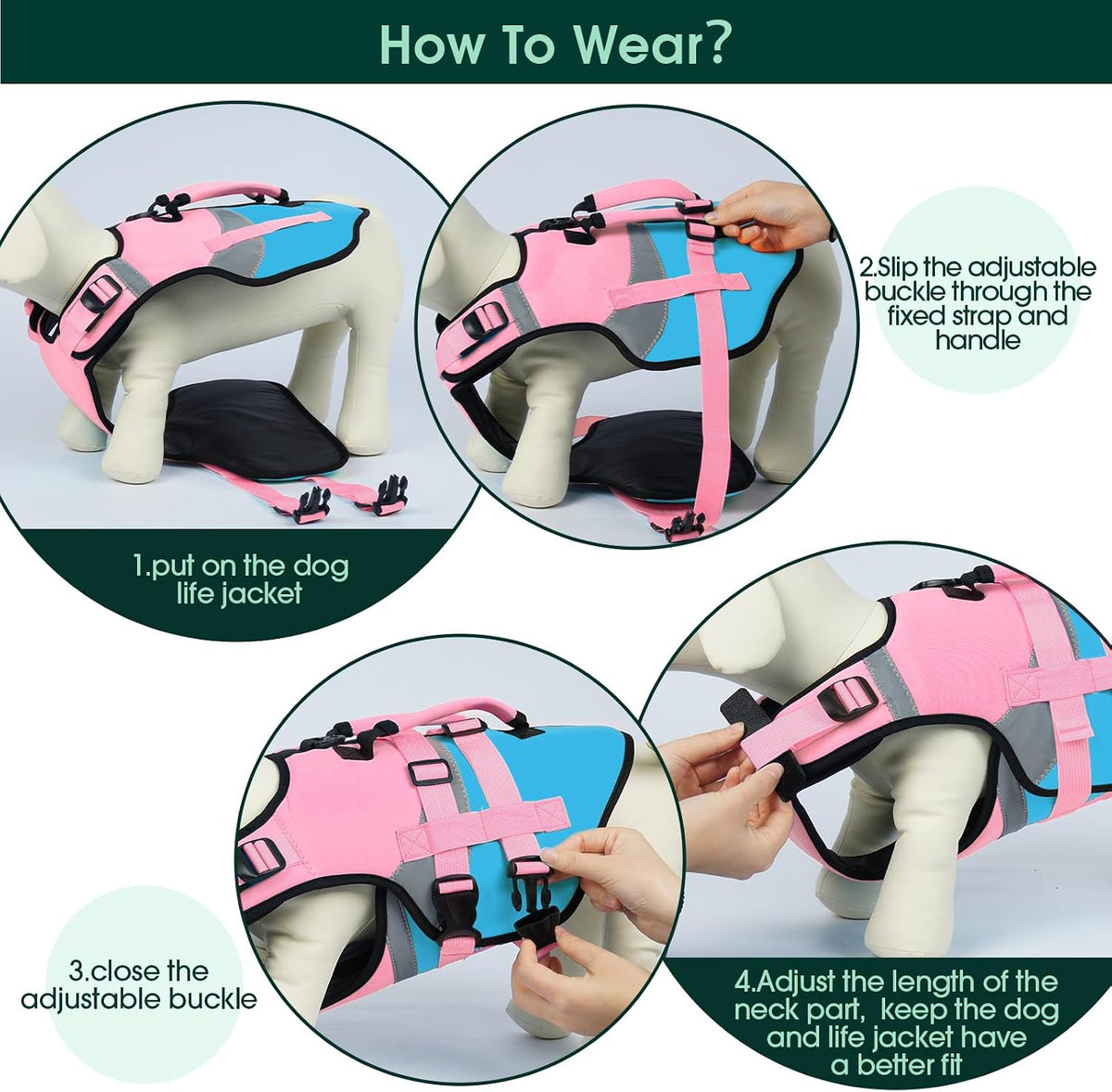 Kuoser Dog Life Jacket with Rescue Handle - X-large (Chest Girth:25.9-33.4'') / Pink & Aqua Blue - image 2