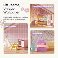 Tiny Land Wooden Dollhouse for Girls, 6 Rooms Wooden Doll House - Unicorn Purple - image 3